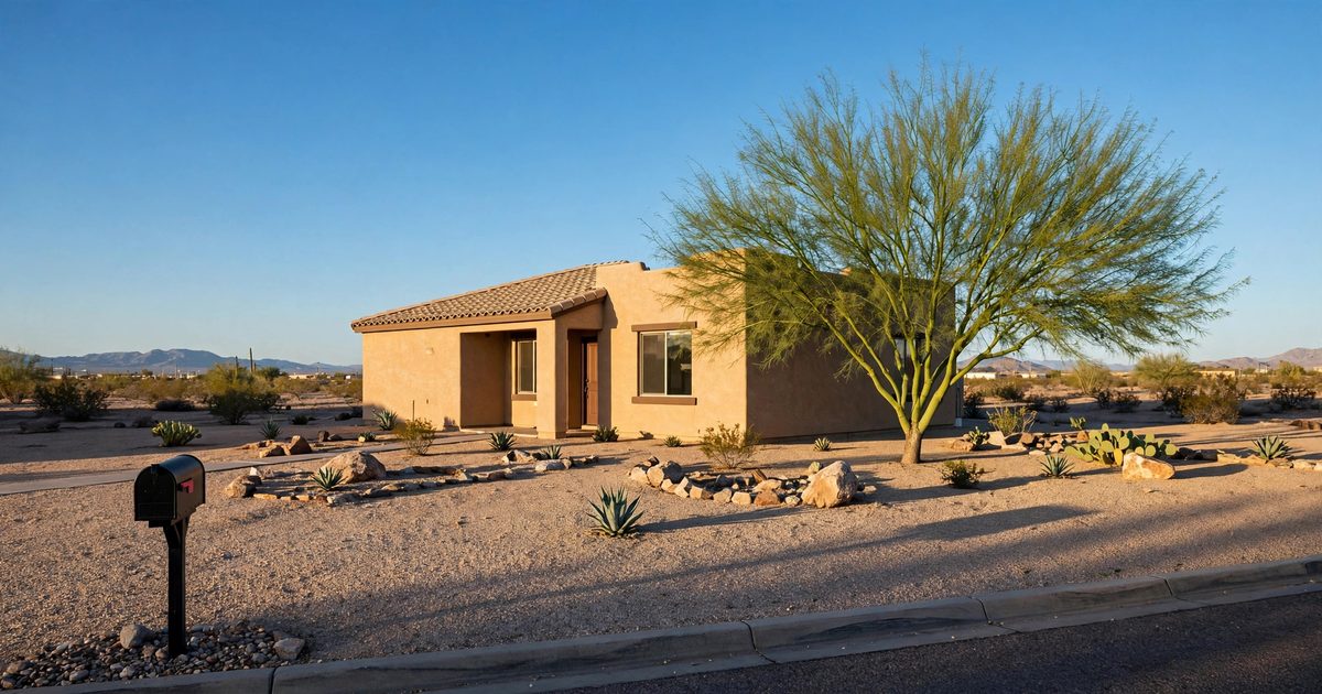 A stucco house in Yuma, Arizona with a mailbox in the foreground and desert landscaping, for homeowners behind on mortgage payments