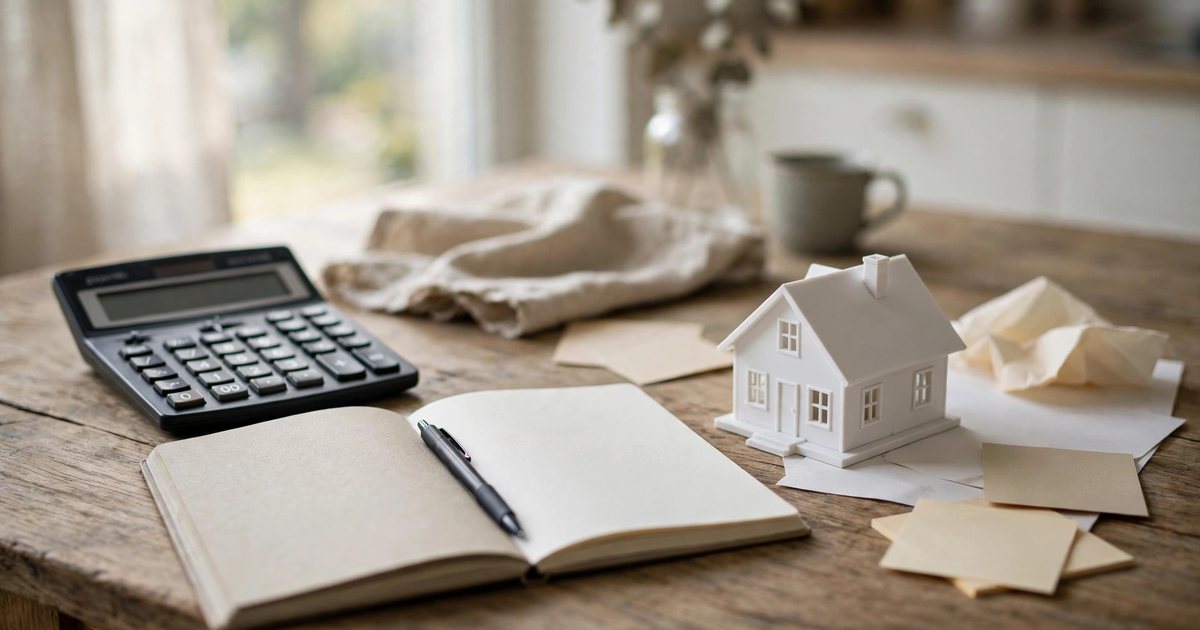 A calculator, notebook and model house on a kitchen table, working through a cash offer vs listing comparison