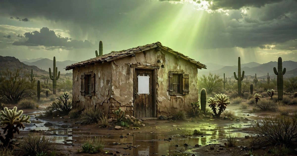 A weathered Yuma house with a blank notice on its door as volt-green light breaks through parting storm clouds, a hopeful sign in pre-foreclosure