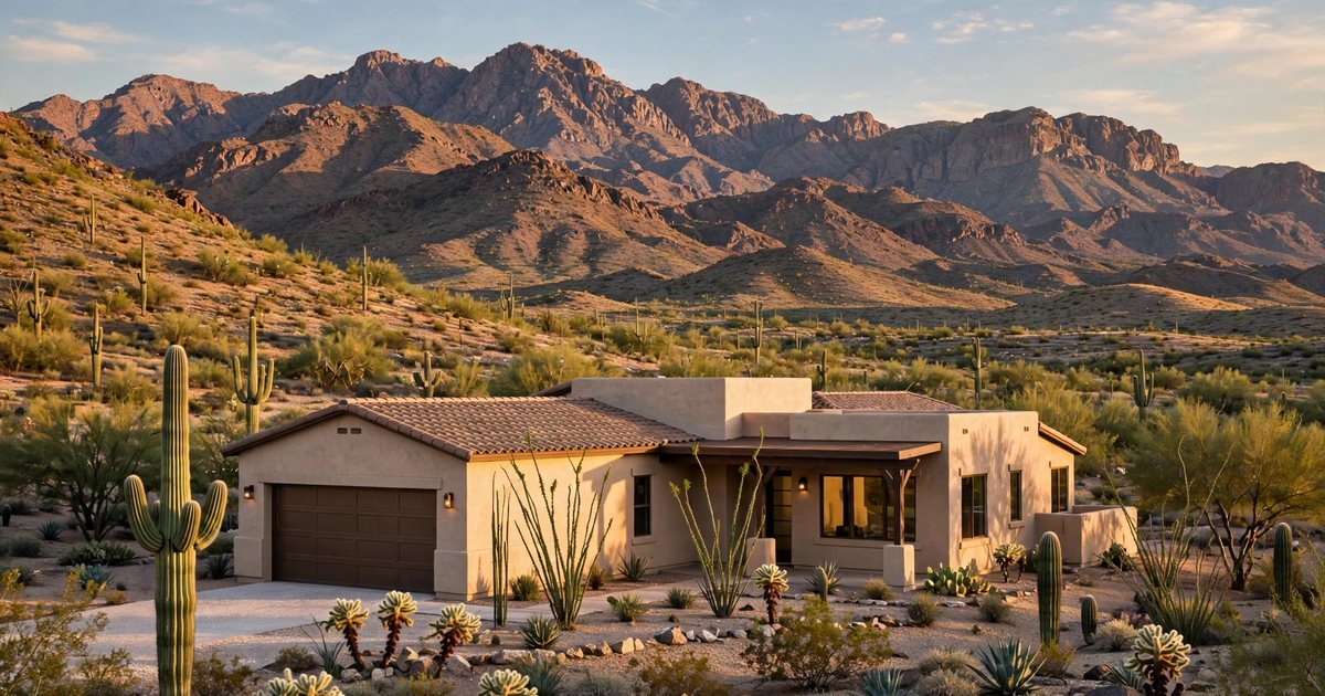 A desert home in Fortuna Foothills, Arizona, with the Gila Mountains rising behind it