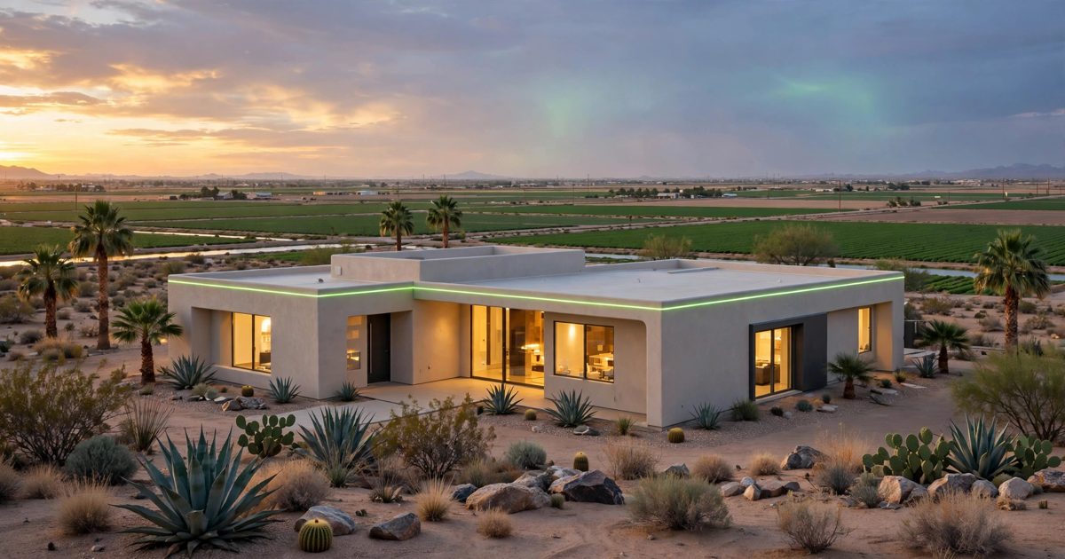 A modern stucco home in San Luis, Arizona at dusk with desert landscaping, palm trees and green farmland beyond, volt-green light tracing the roofline, for selling a house fast in San Luis