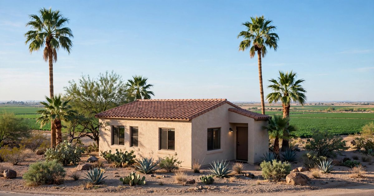 A single-story stucco home in Somerton, Arizona with desert landscaping, palm trees and green farmland on the horizon, for selling a house fast in Somerton