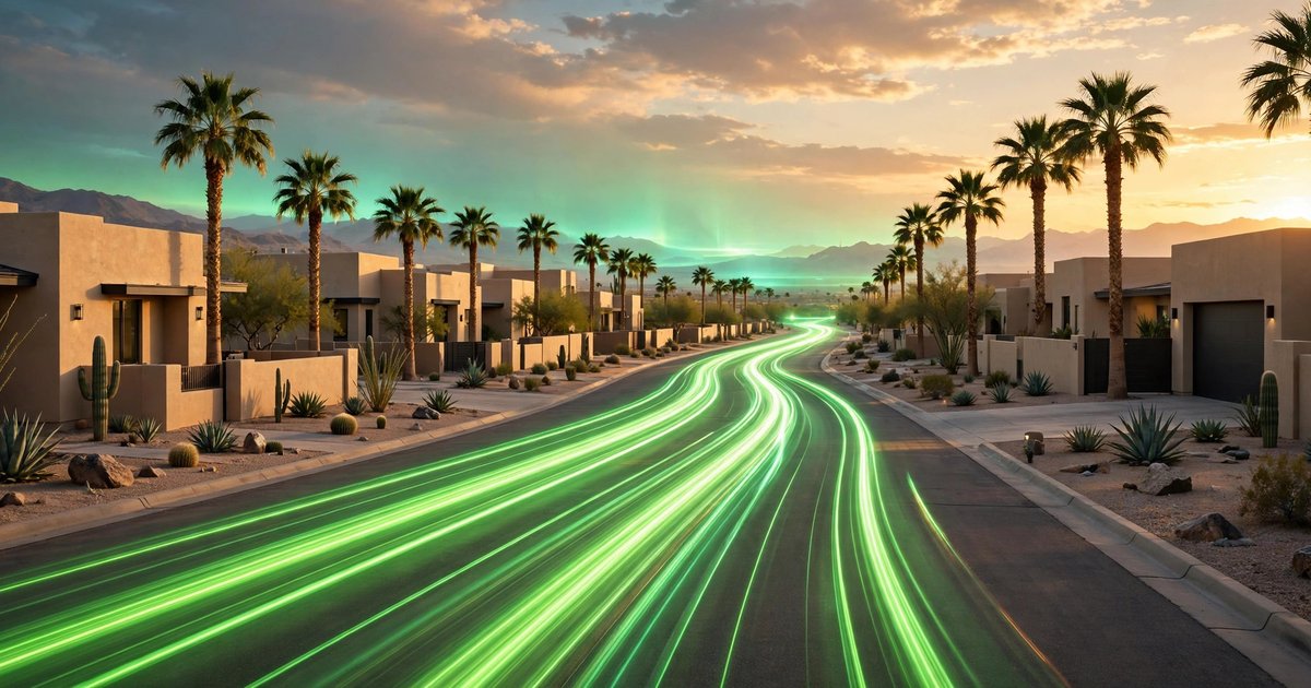 A palm-lined Yuma street of stucco homes at golden hour with volt-green light trails streaming down the road, selling fast with a futuristic glow