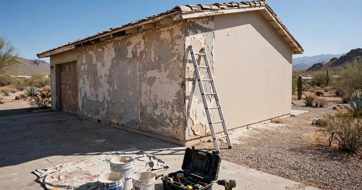 A Yuma house mid-renovation with peeling paint, a ladder, paint buckets and tools in the driveway