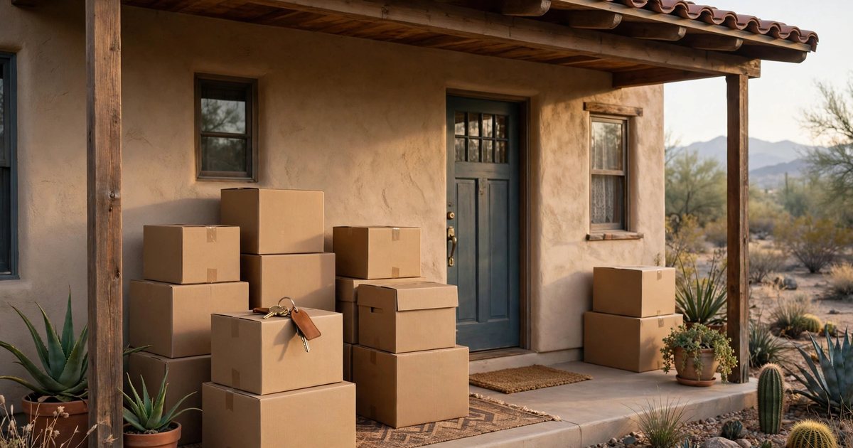 Moving boxes and house keys on the porch of an inherited Arizona home being settled in probate