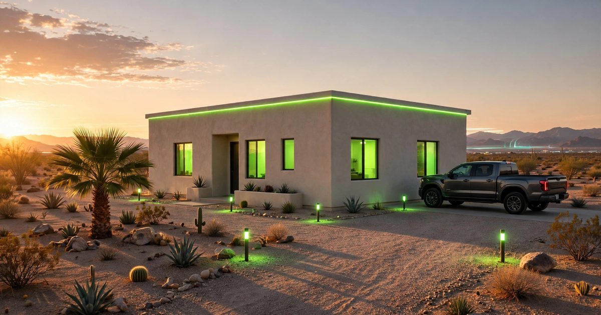 A stucco rental house in Yuma, Arizona at dusk with desert landscaping and a pickup in the driveway, volt-green light tracing the roofline and windows, for tired landlords selling with tenants in place