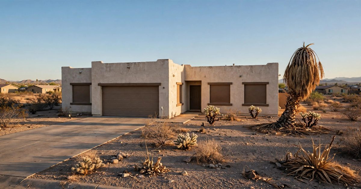 A vacant single-story stucco house in Yuma, Arizona with an empty driveway, closed blinds and dry desert landscaping, for selling a vacant house in Yuma