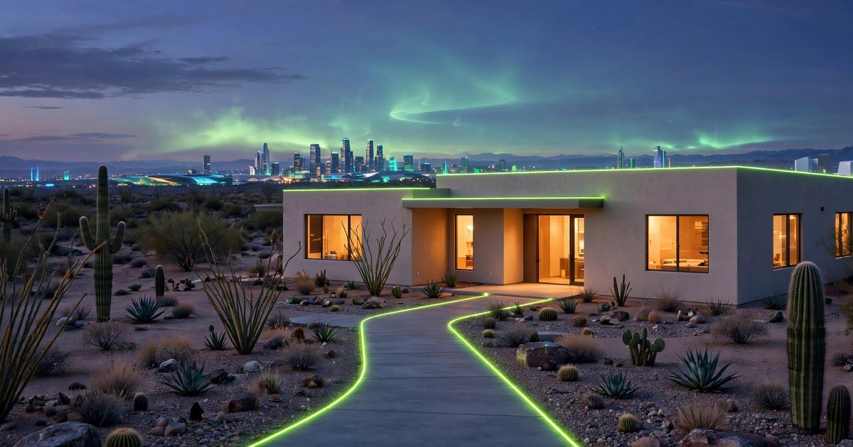 A modern Yuma stucco home at dusk with warm glowing windows, volt-green light tracing the roofline and pathway under a futuristic desert sky