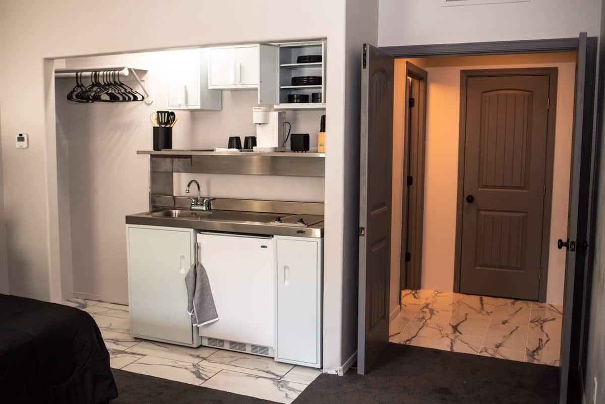 The guest suite kitchenette and closet